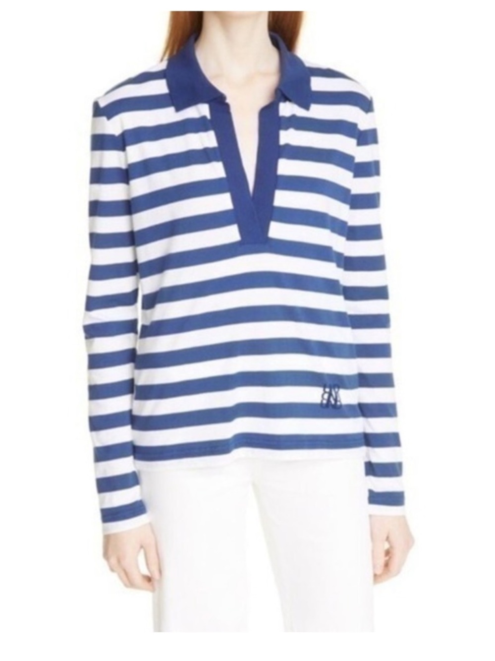 Baum and Pferdgarten Jilson Blue White Striped Long Sleeve V-Neck
Polo Shirt